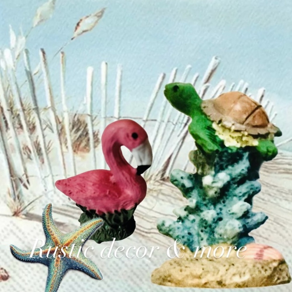 Fairy Garden Pink Flamingo Sea Turtle Figurines Miniature Tropical Coastal
